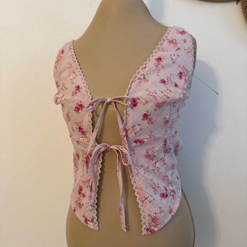 Pink Rose Floral Blush Top with Lace Detail